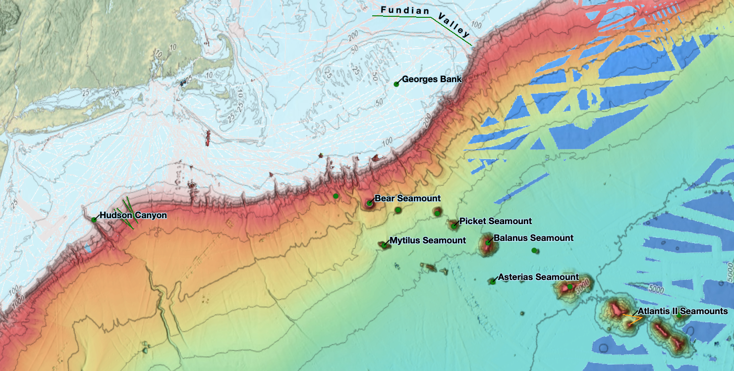 Atlantis II Seamounts map image.  Data courtesy of NGDC Undersea Feasture Names Gazetteer